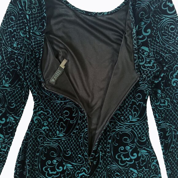 Guess Flocked Black Velvet Dress Sz6 Teal Floral Pattern Y2K 90s Whimsigoth Vamp - Picture 3 of 8